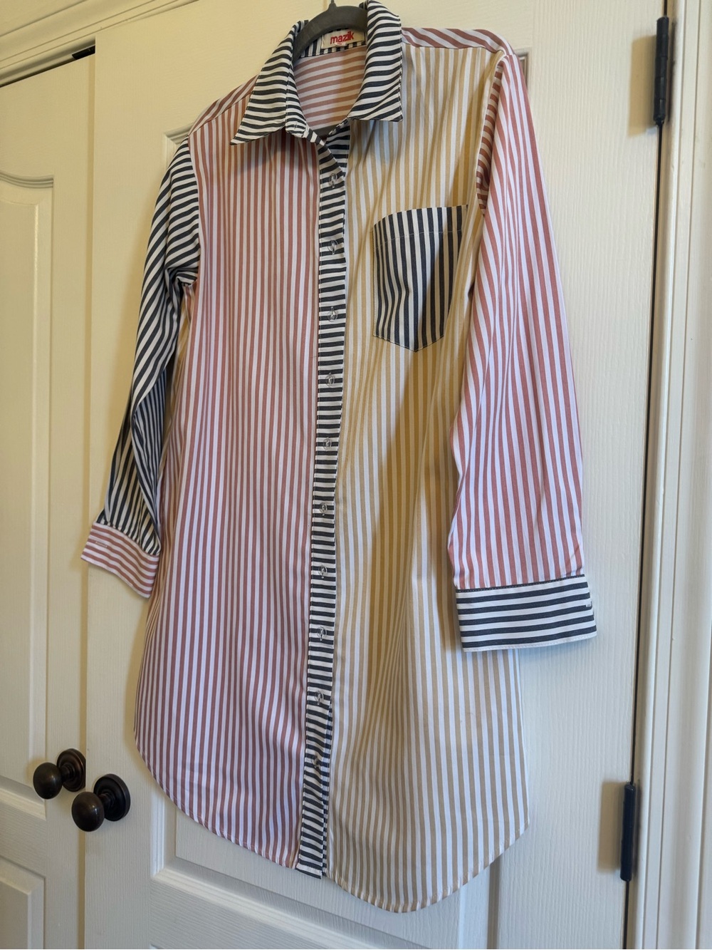 Mazik Striped Longsleeve Shirt Dress - Pink, Beige & Black